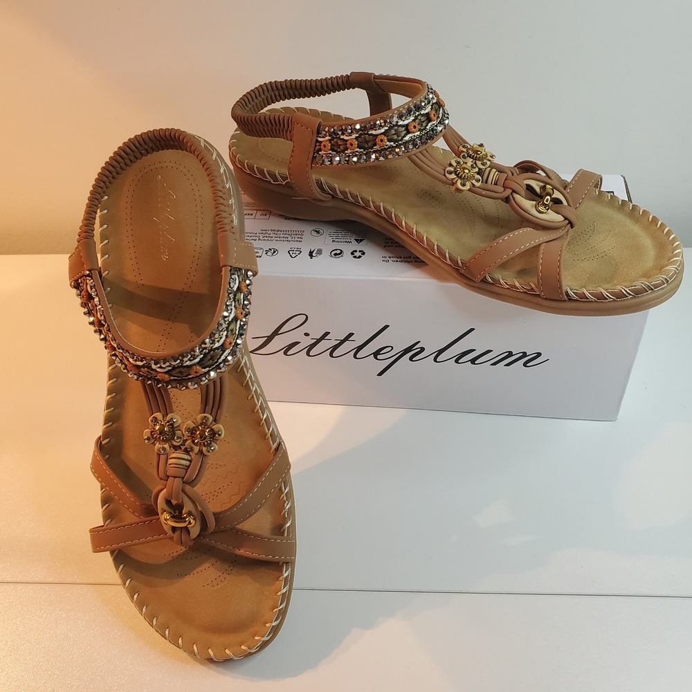 Littleplum Tan Boho Beaded Floral Sandals Elastic Back Strap Size 42 Womens